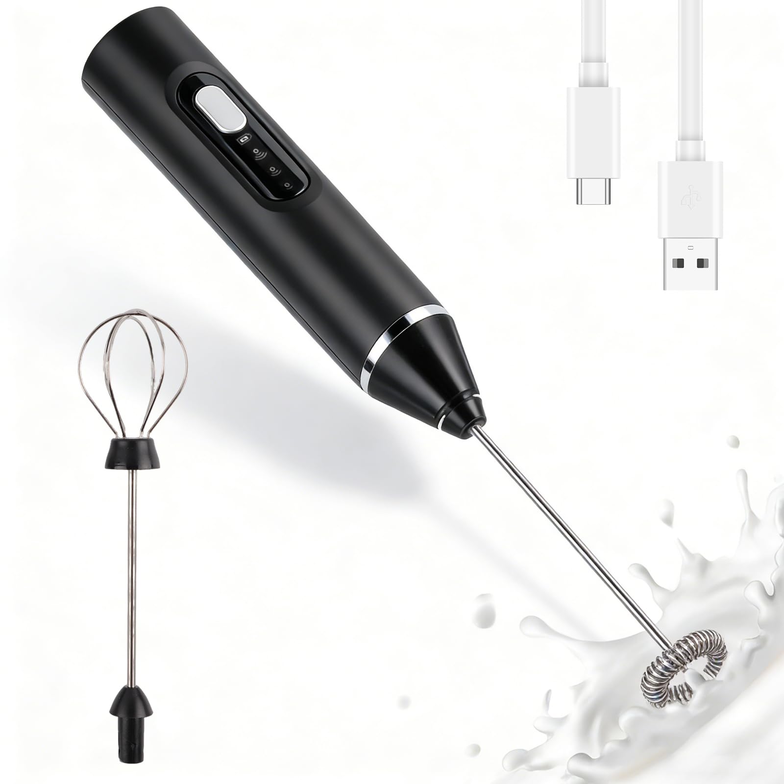 Mousseur à Lait Électrique, USB Rechargeable Mousseur a Lait，Mousseur à Lait en Acier Inoxydable, 2 Vitesses Petit Mixeur pour Café avec 2 têtes Mini Fouet Matcha, Latte, Cappuccino, Matcha