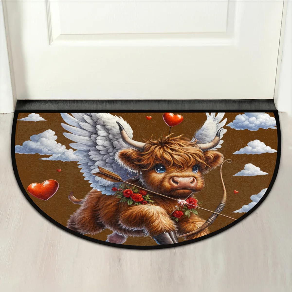 cfpolar Half Round Door Mat Highland Cow Cupid Heart Non-Slip Semi Circle Area Rug Washable Half Moon Hearth Rugs for Indoor Outdoor Bathroom Kitchen Patio Runner Mat Laundry Room Home Decoration