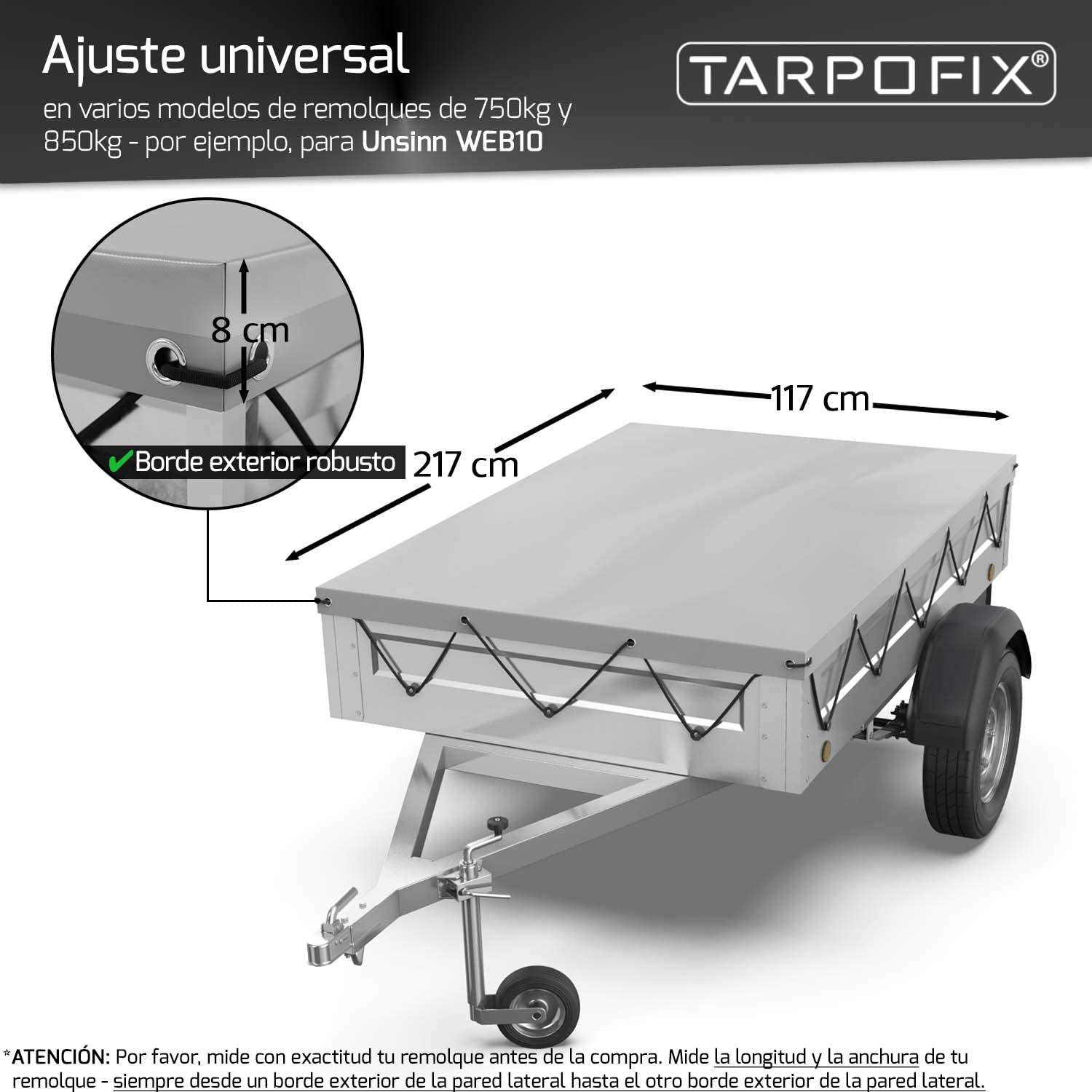 Tarpofix® Lona para Remolque Plana 217 x 117 x 8 cm Incl. Cuerda de Cubierta - Lona Remolque con Bordes Reforzados, de PVC - Cubierta Ideal para Varios Modelos de remolques de automóviles de 750kg