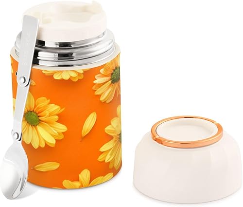 MCHIVER Yellow Flower Food Jar with Spoon Stainless Steel Vacuum Insulated Food Container 17 oz Thermos for Lunch