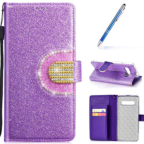 Robinsoni Case Compatible with Samsung Galaxy S10 Plus Phone Case Wallet Leather Phone Cover Book Style Cover Kickstand Case Folio Flip Phone Cover Shockproof Heavy Duty Case Sparkle Bling Case Purple