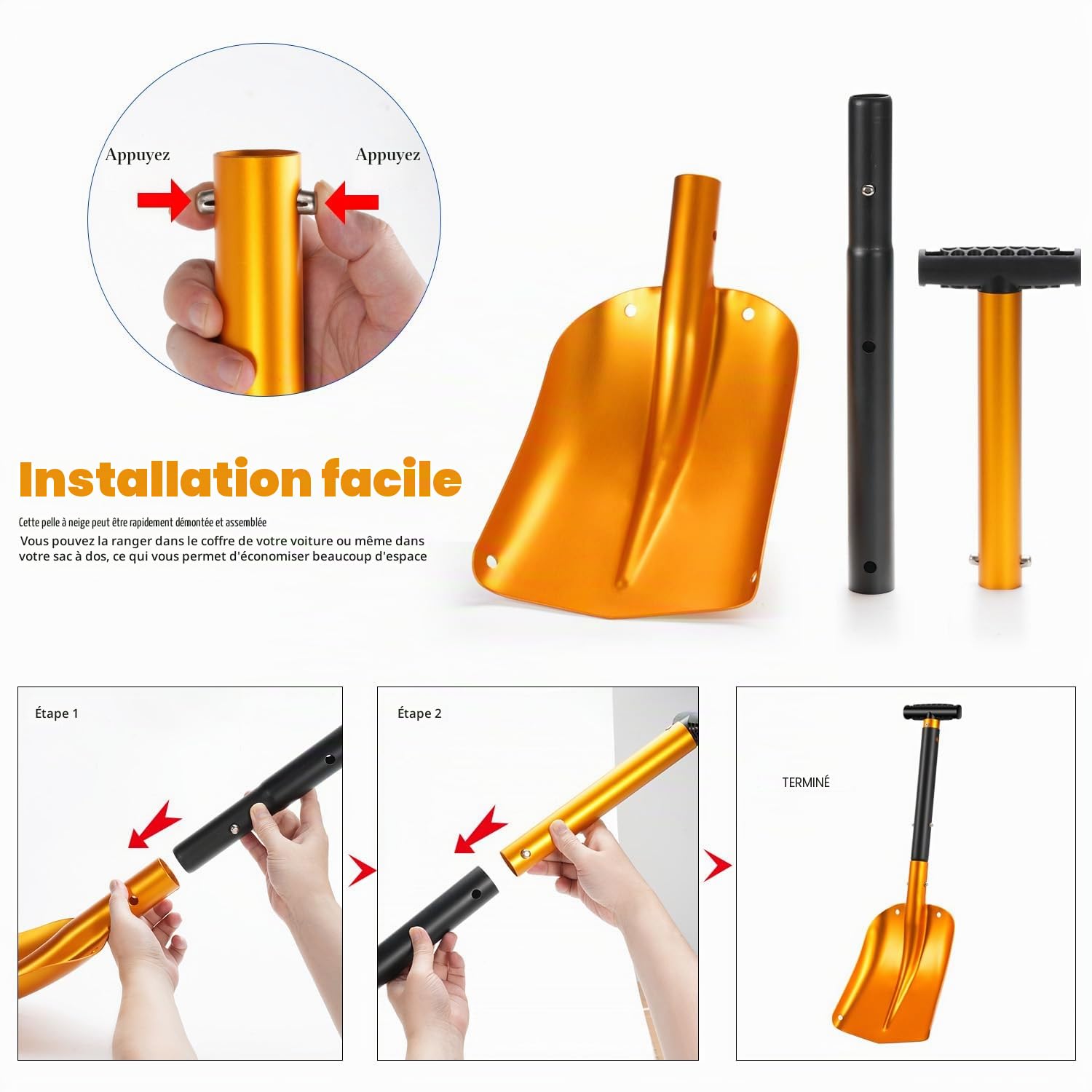 Pelle à neige pliable 4 en 1, pelle à avalanche en aluminium robuste avec sac, pelle amovible de 40 x 30 cm pour voiture, urgence, camping, allée et déneigement dans le jardin