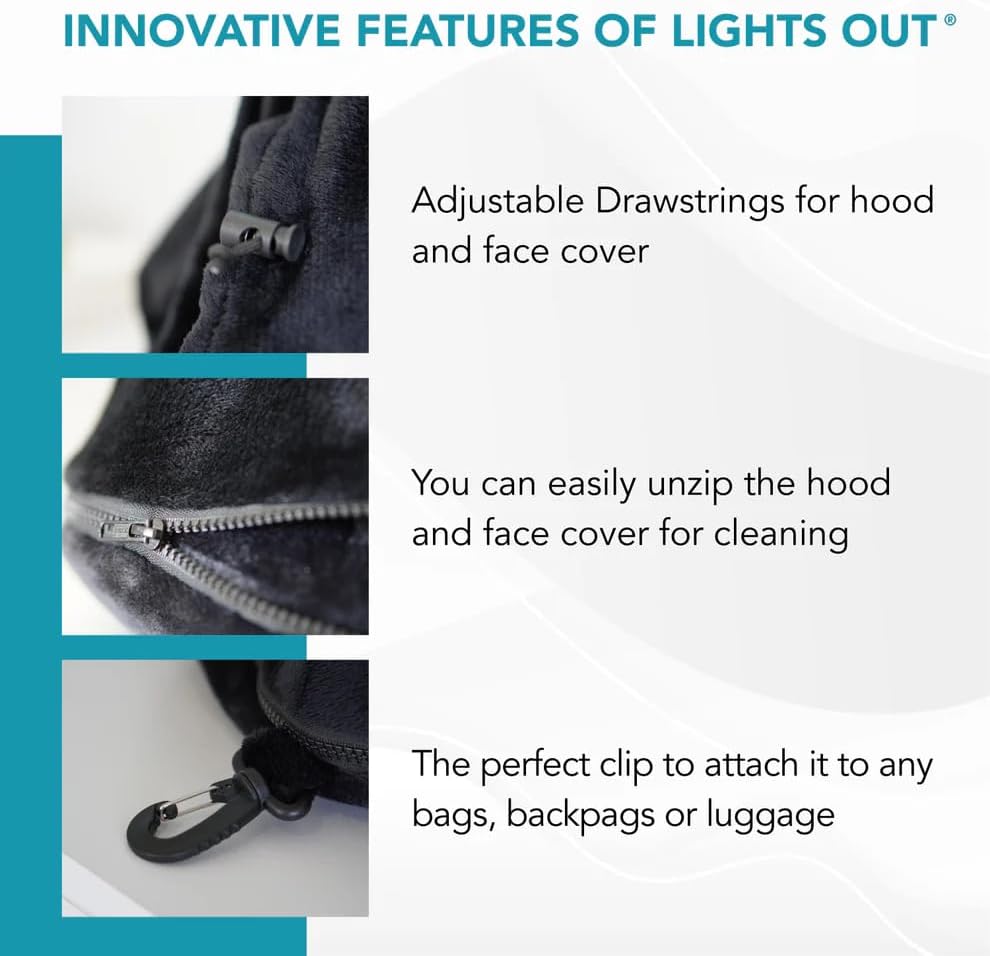 Lights Out Hooded Travel Pillow - Memory Foam Neck Support with Germ Shield Hood for Airplane Sleep Privacy, Ultra Plush Fleece, Micro Air-Fiber Beads, Chiropractor Recommended (Adjustable)