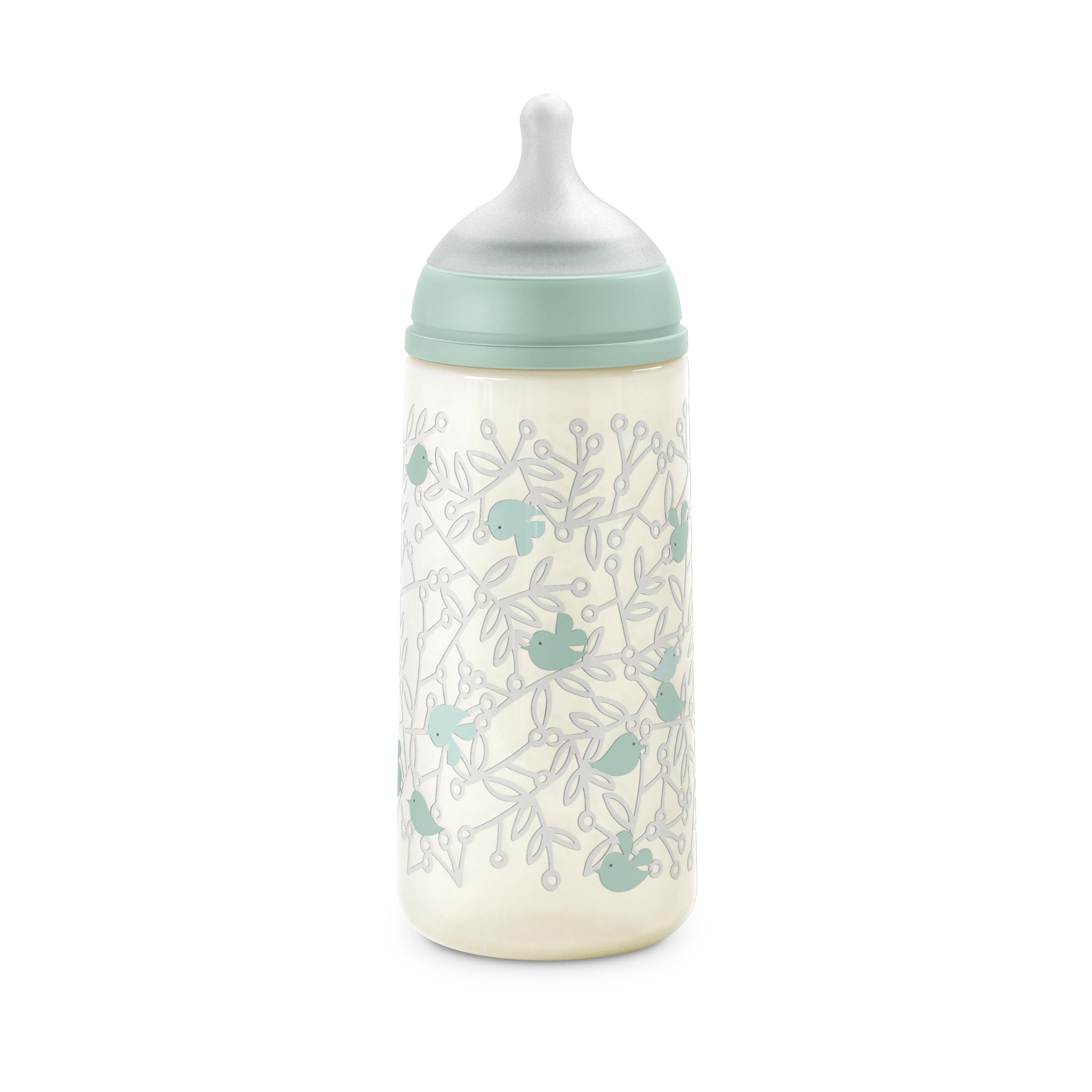 Suavinex, Biberón Anticólico de 360 ml con Tetina Fisiológica SX Pro de Silicona, de Flujo Denso (L), para Líquidos Densos, Apto Papillas Líquidas. Bebés +6 Meses. Birdies, Verde