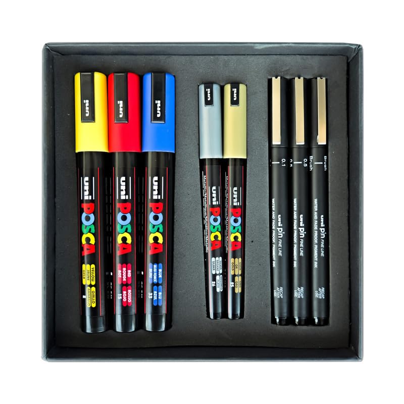 Image of POSCA & Pin Art Set | Combo Pack of PC-1MR, 5M Markers & PIN-200 Fineliners (Multicolor)