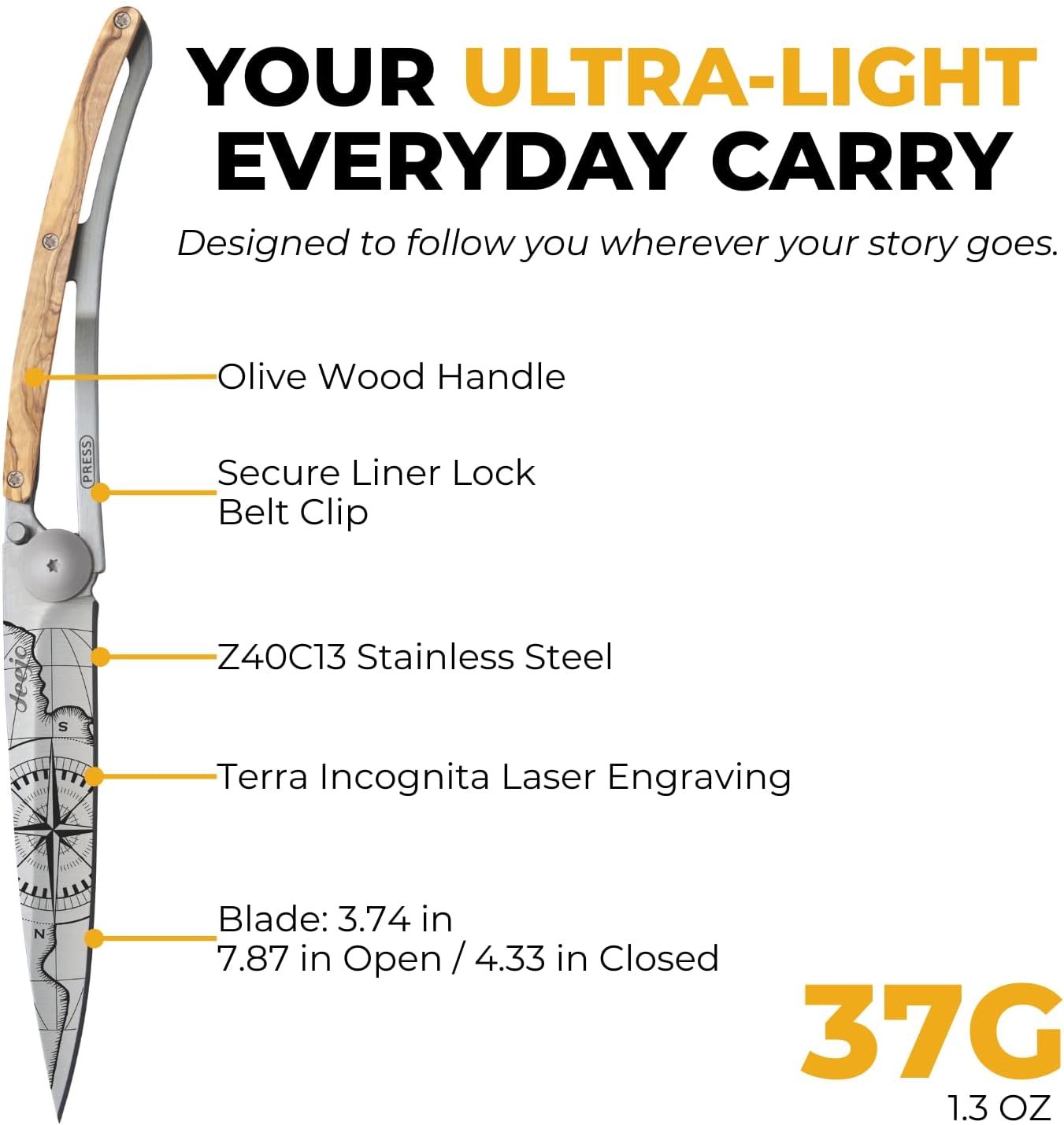 deejo - 37G Folding Pocket Knife with Belt Clip - Terra Incognita Design, 3.7-Inch Stainless Steel Blade, Olive Wood Handle - Lightweight Everyday Carry for Home, Work, and Outdoor Use