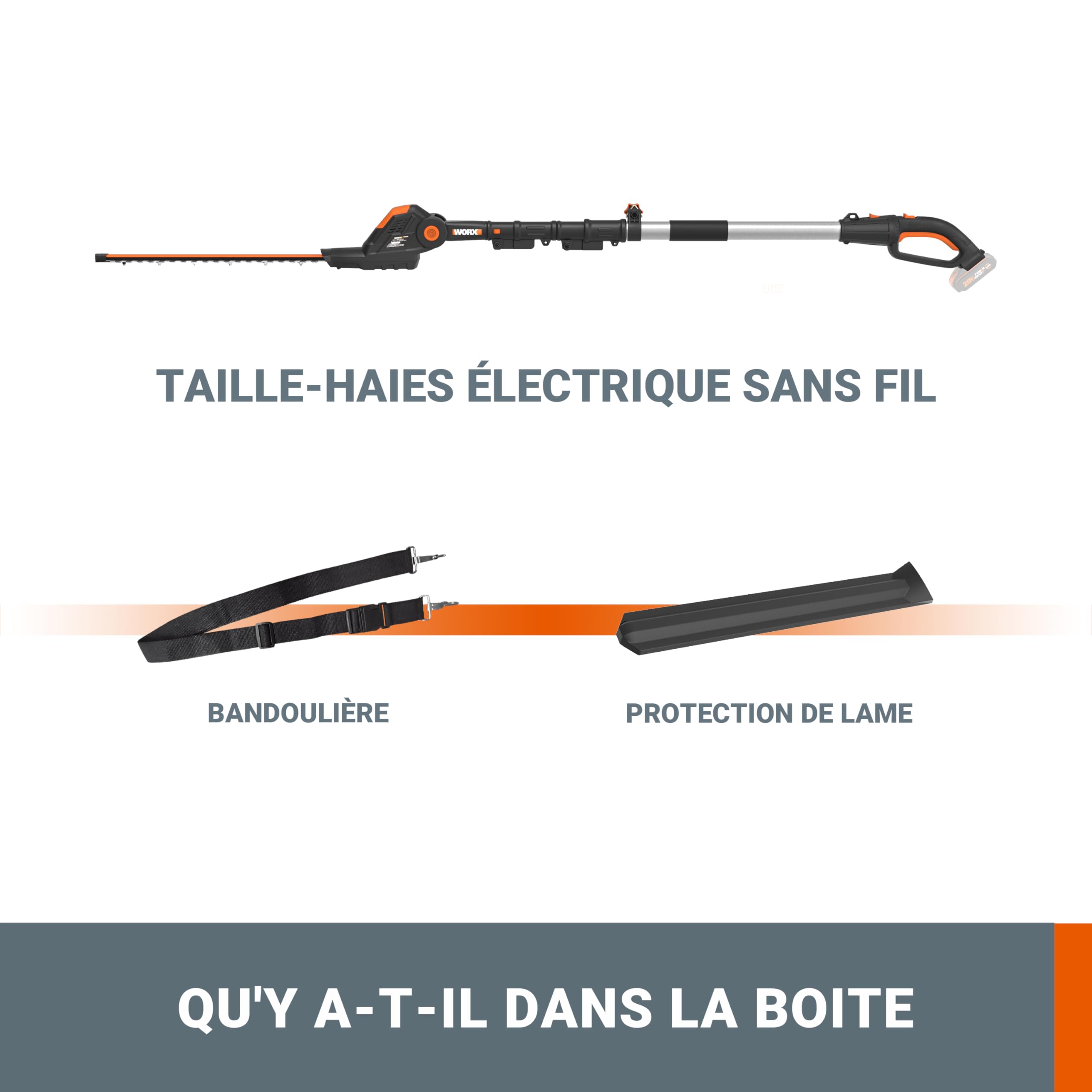 WORX Taille-Haies sans Fil sur perche 20V WG252E.9, Lame de 45 cm, écartement de 16 mm, manche télescopique, Léger et Ergonomique, Poignée Arrière Souple et Rotative, Livré sans Batterie ni Chargeur
