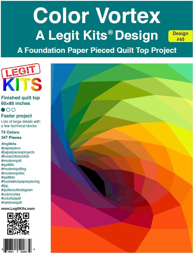 LEGIT KITS Color Vortex Quilt Kit, Foundation Paper Pieicing Pattern with Precut Fabric, 60 x 80 inches