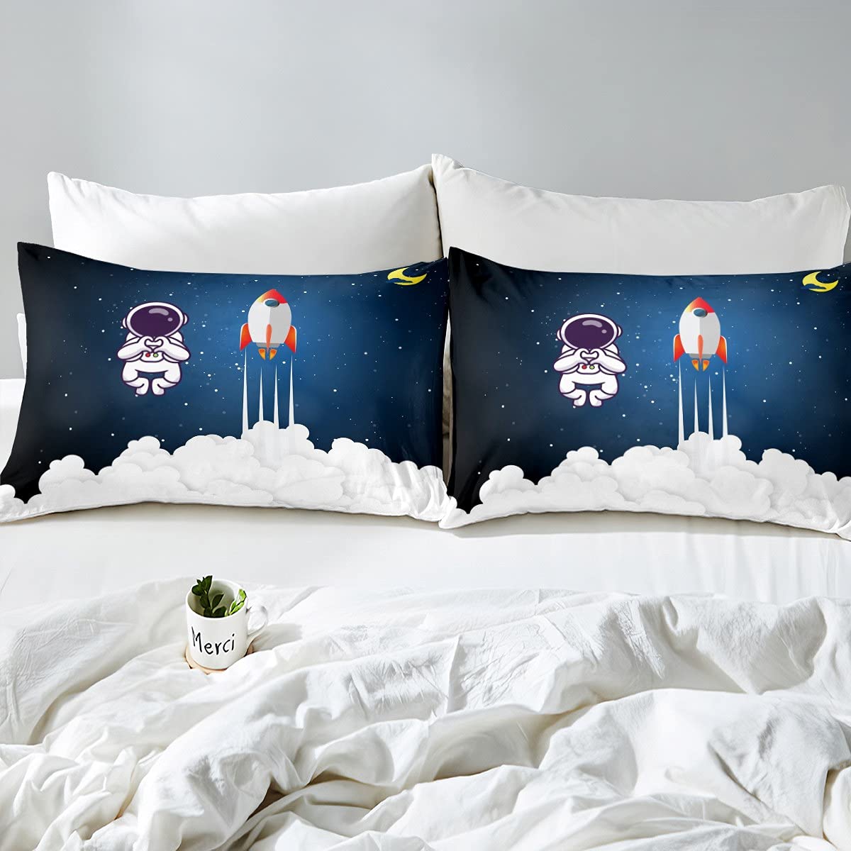 Juego de funda de edredón para niños con cohete de astronauta y cohete espacial, funda de edredón para niños, niñas, adolescentes, espacio exterior, aventura, ropa de cama y lino tamaño King