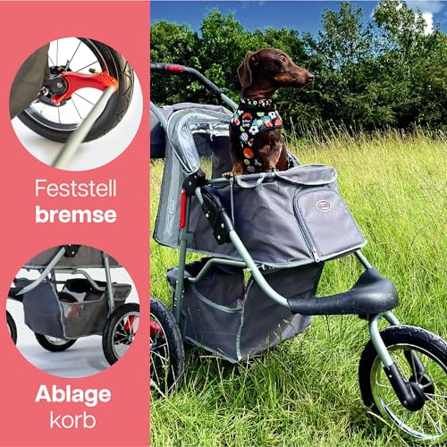 Innopet Comfort Air Eco Grauer Hundebuggy Katzenbuggy - Leichter Hundewagen mit 30cm Luftreifen - Einhändig faltbar - für alle Untergründe und im Gelände - recycelter Nylonstoff