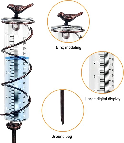 PORFOYO - Pluviómetro para exteriores, jardín anticongelante, pluviómetro de cristal con marco de metal, pájaro de hierro fundido para colgar y pluviómetro decorativo para exteriores - 3