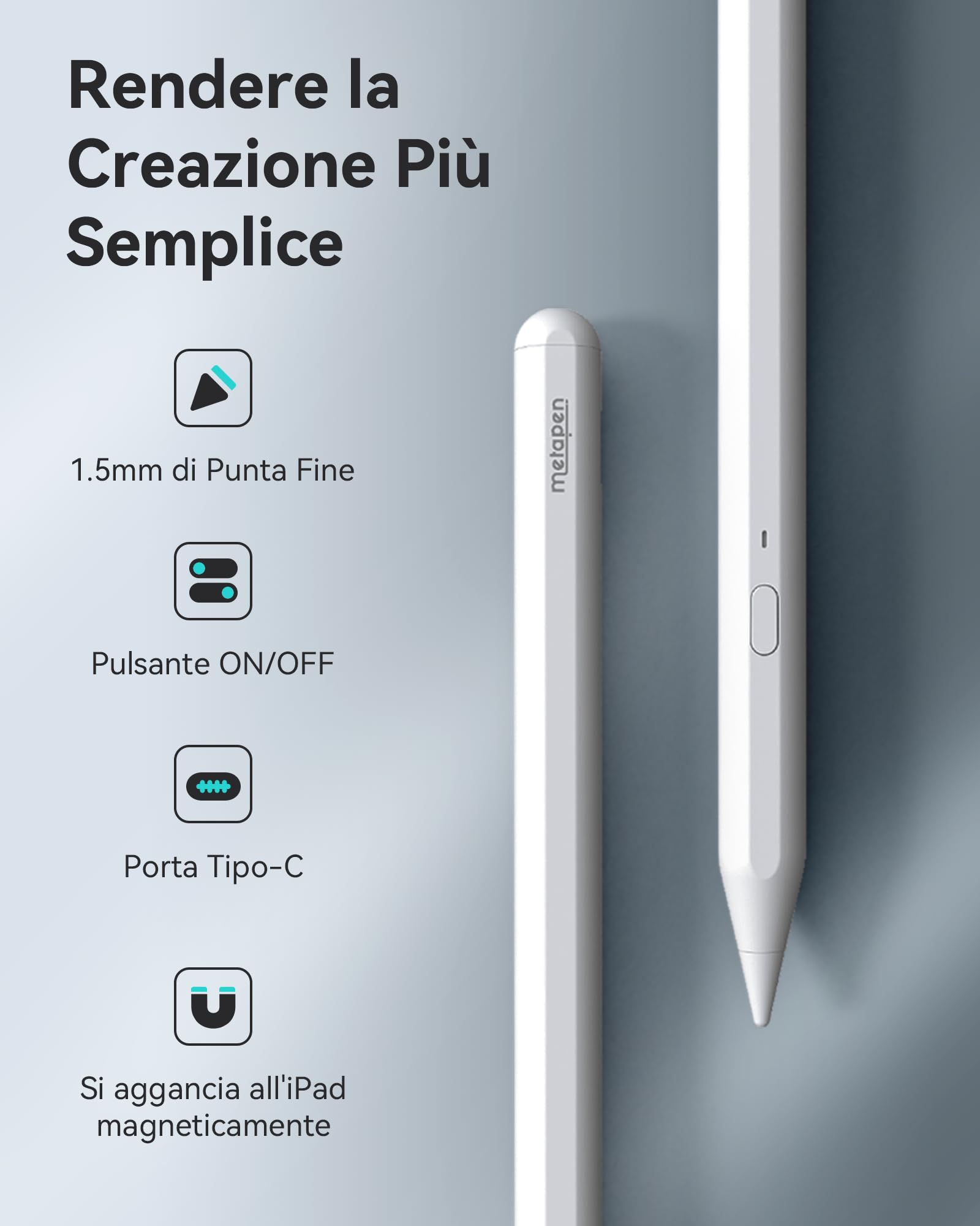 Metapen Penna A11 per iPad 2018-2026,Stylus di Apple Pencil Compatibile con iPad 11 A16/10/9,Air 3-5/M2/M3/M4,Pro 12.9/11/13''M4,Mini 5/6,2X Ricarica Rapida&0,1 mm Precisione Pixel,Rifiuto del Palmo