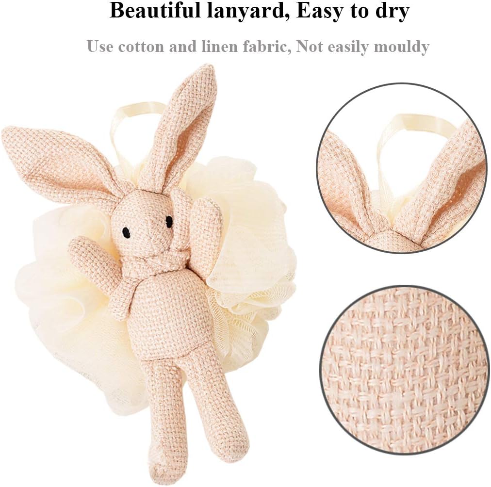 Kids Bath Loofah for Girls and Women,Soft Mesh Luffa with Cute Bunny Animal Character Exfoliating Body Scrubber Bath Sponge for Shower (2 Piece) - Pink & White