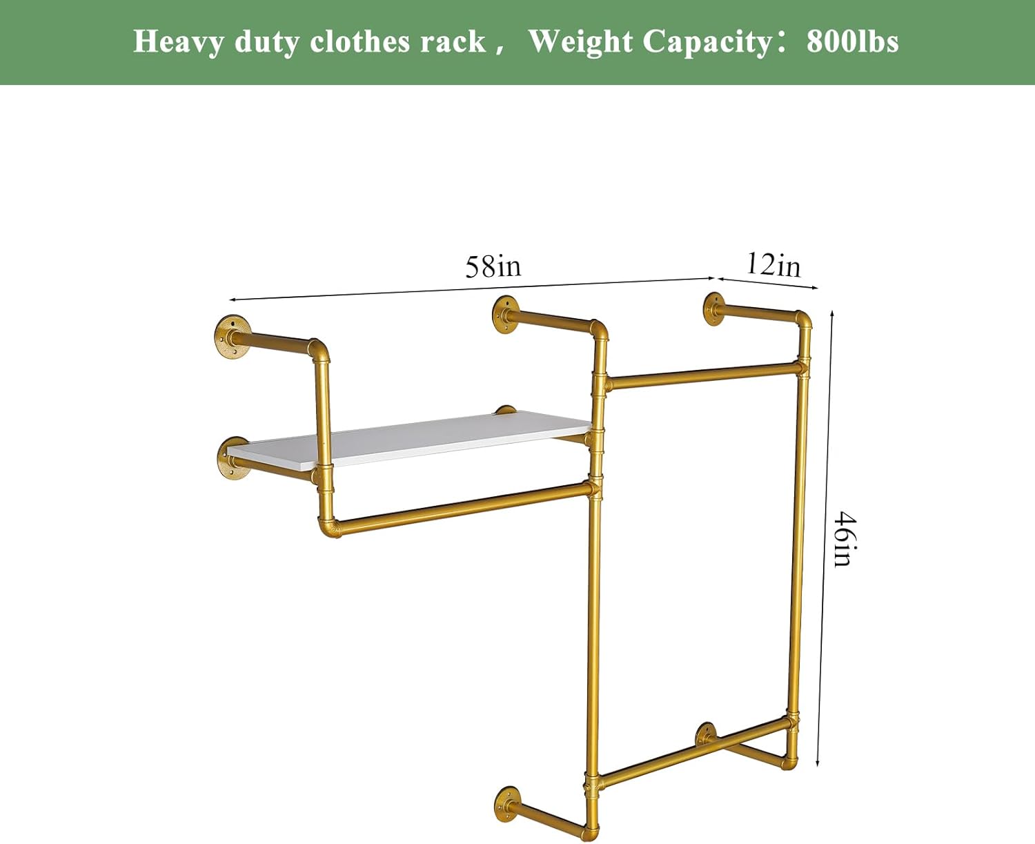 Gold Wall-Mounted Clothing Rack – Industrial Strength Pipe Garment Rack with Wooden shelf, 58" W Heavy Duty Closet Rod for Bedroom/Laundry/Store Displays