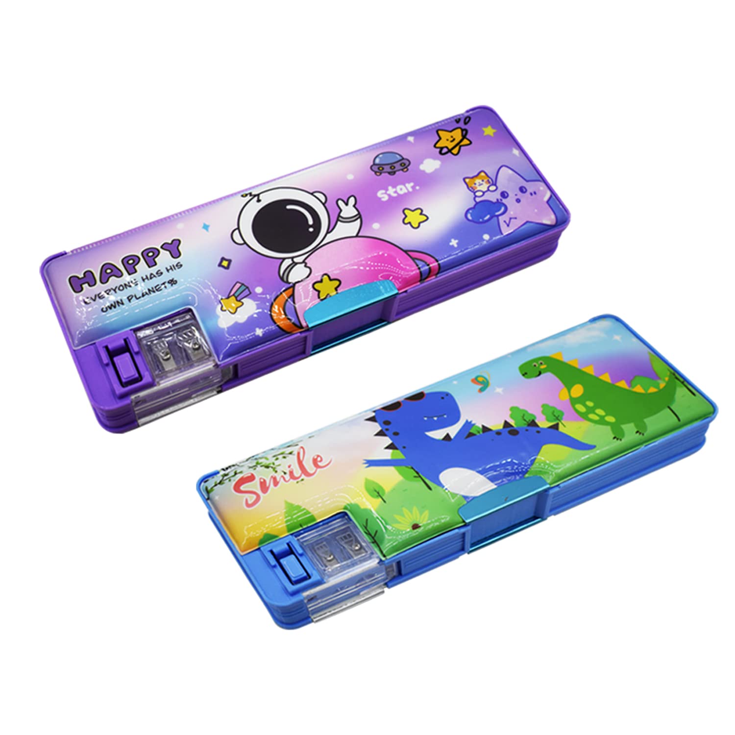 Asera Plastic Pencil Box With Sharpener For Kids Birthday Return Gifts (Space And Dinosaur) - Multicolor