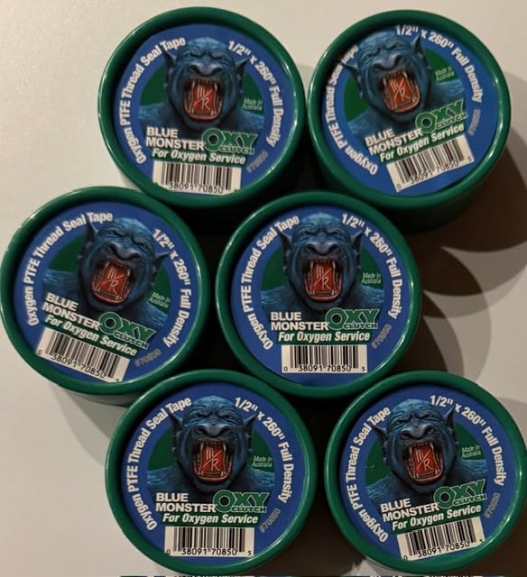 Six Pack - 70850 Blue Monster for Oxygen 1/2" x 260" Green PTFE Thread Seal Tape Blue Monster for Oxygen Service Oxy Clutch Full Density
