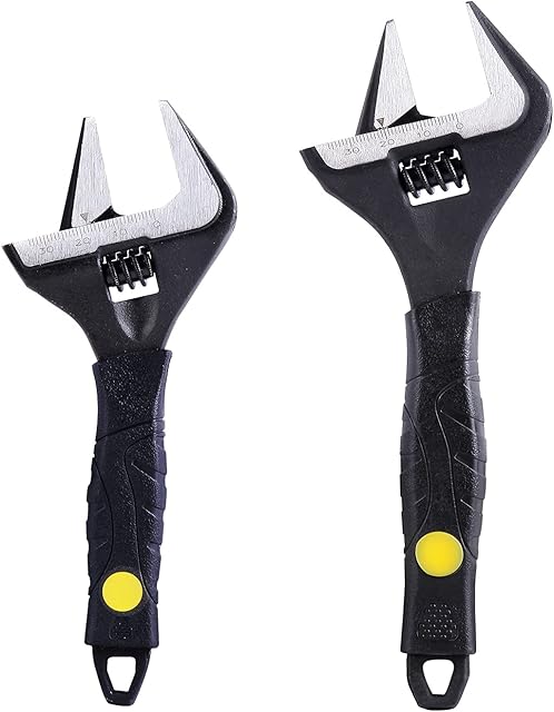 Sharp-tec Adjustable Wrench 2-Piece, Deep Jaw Wide Opening, Heat-Treated Chrome Vanadium Steel Black Oxide Finish, Heavy-Duty Plumbing Spanner Set, 6 inches/165mm and 8 inches/215mm