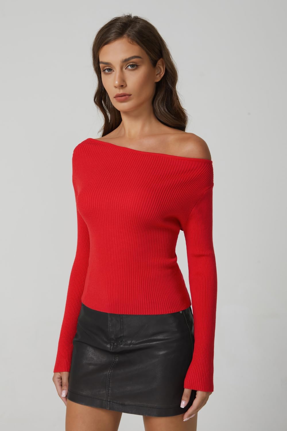 QINSEN Womens Asymmetrical Neck Sweater Slim Fit Long Sleeve Knit Pullover Top - Image 2