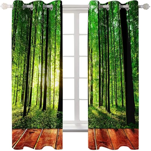 Homxi Drapes for Dining Room Blackout 2 Panels Set,2 x 34W x 90H in,Bedroom Curtain Grommet Trees and Sunshine Landscape Green Black Kitchen Curtains Thermal
