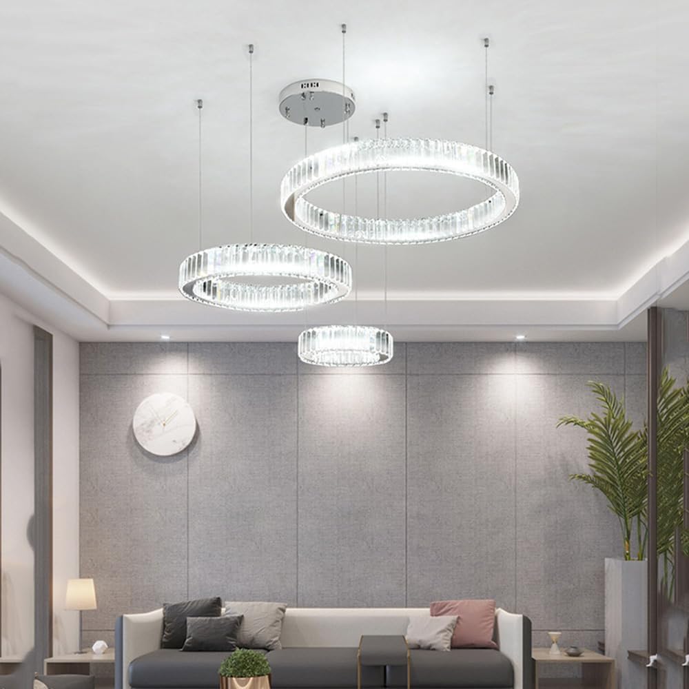Lampadario Moderno a LED con Cristalli, 3 Anelli Rotondi, dimmerabile, per Soggiorno, Ingresso, atrio, Grande Lampada a Sospensione cromata.