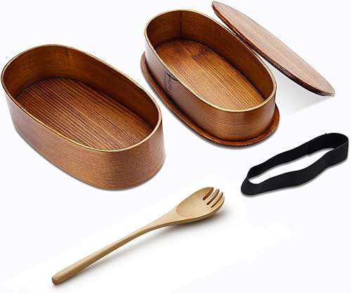 Miniatura 6 de YFWOOD Caja Bento japonesa, loncheras, cajas japonesas de doble capa de madera natural Bento cajas de almuerzo para adultos Picnicking oficina