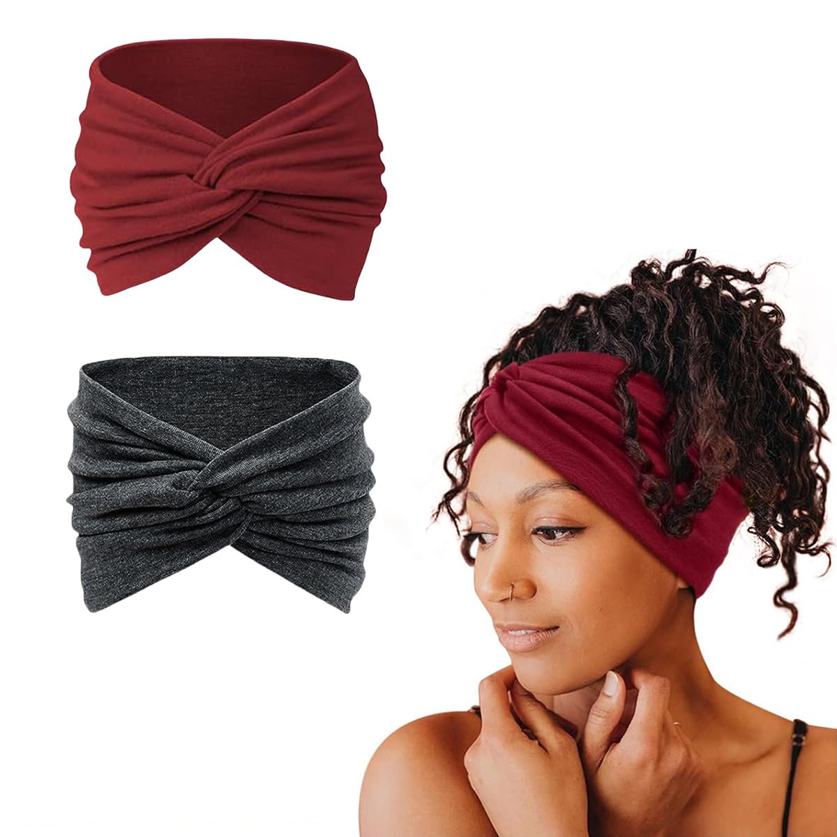2pcs Hair Bands For Women, Stretchy Wide Headband For Women, Twisted Knot Bohemian Large Hairband, Head Band Hair Accessories Wear For Yoga, Fashion, Working Out, Travel Or Running