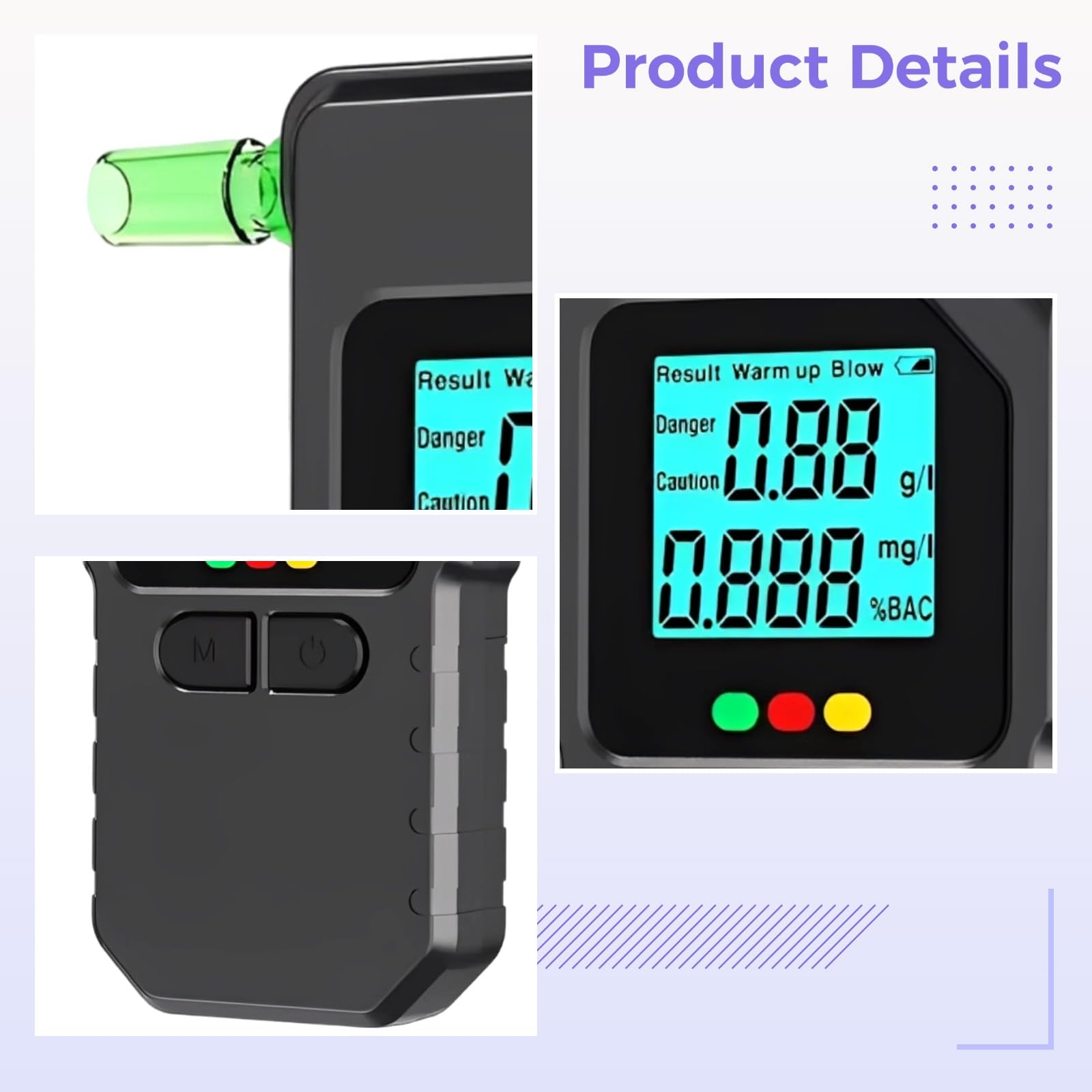 Alkoholtester, tragbares Atemalkoholmessgerät mit präziser Anzeige in Sekunden, digitales LCD-Display, 5 austauschbare Mundstücke, FCC-, CE- und RoHS-geprüft, 120 x 61 x 21 mm