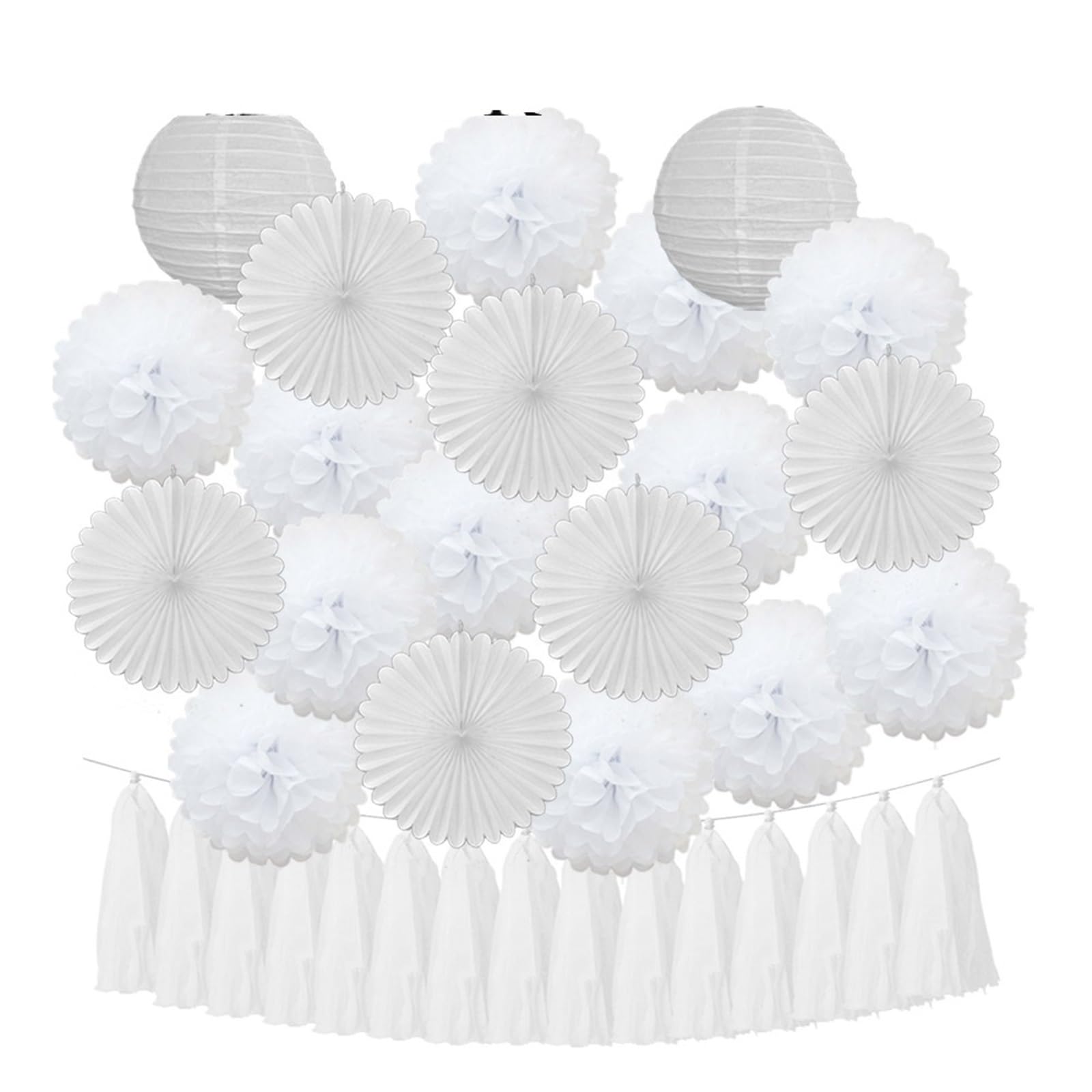 Paper Lanterns Boy Birthday Party Favor Hanging Paper Lantern Fan Wedding Decor Blue White Set Tissue Pompom Tassel(White Set)