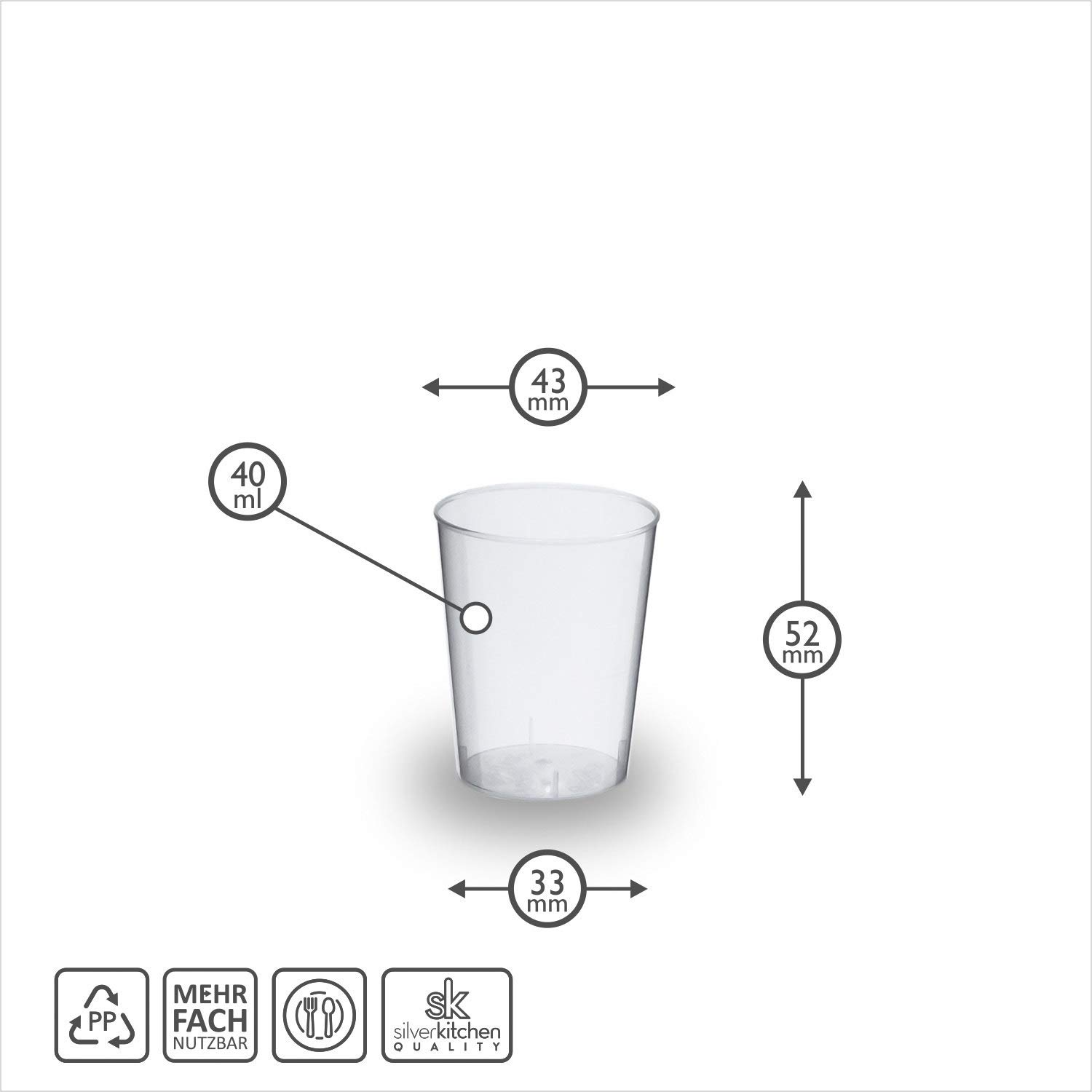 50 x kieliszek do wódki 2 cl / 4 cl z podziałką - nietłukący kubek wielokrotnego użytku do wódki z twardego plastiku PP Made in Germany silverkitchen