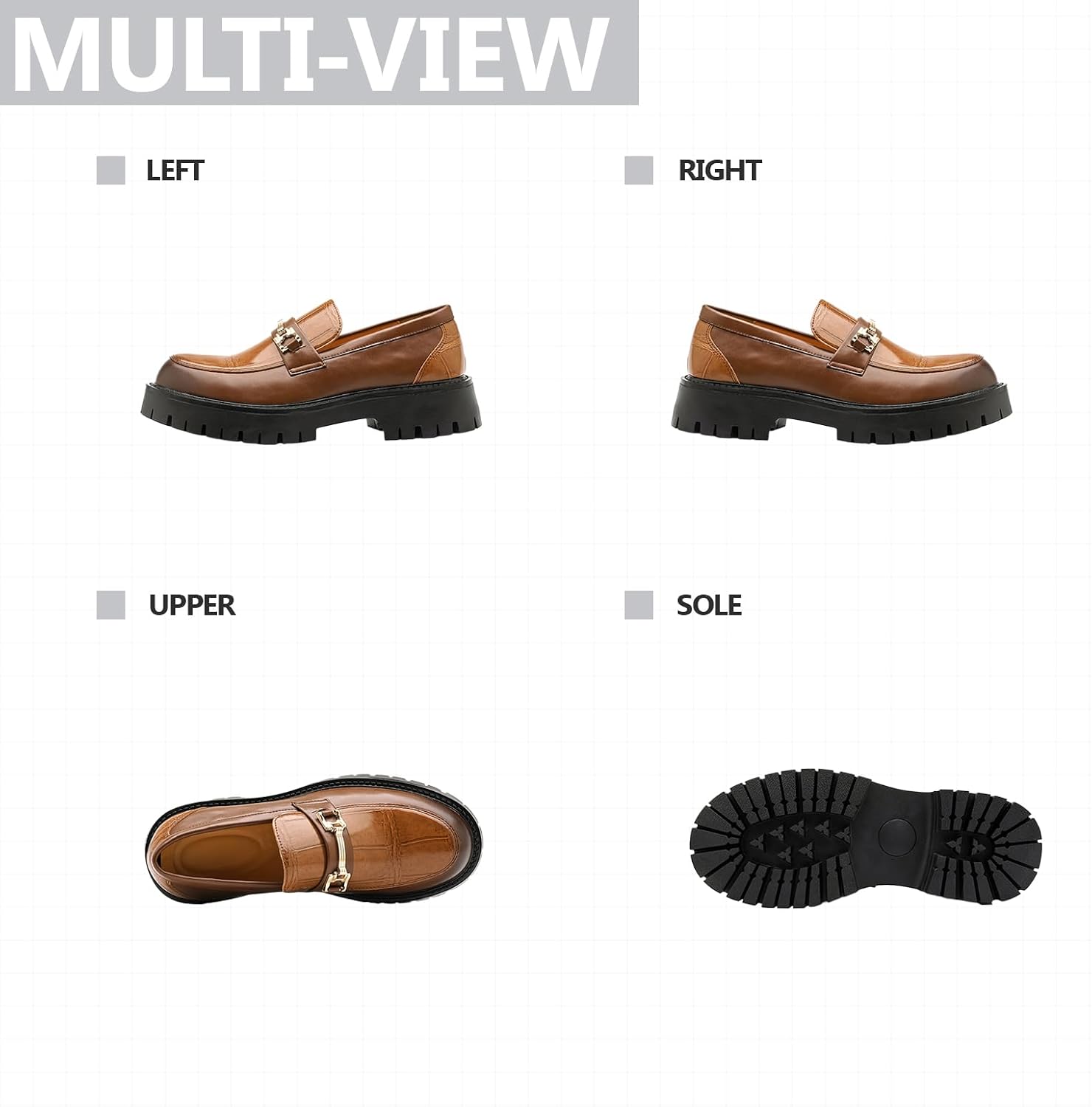 Retro Loafers with Horsebit for Mens Leather Print Platform Wide Round Toe Vintage Lug Thick Sole Slip-Ons Business Penny Loafers for Formal Business Work Office Casual Daily