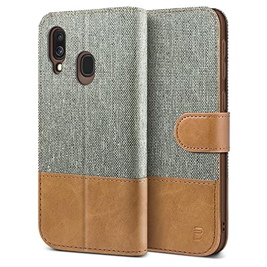 BEZ Samsung A40 fodral, Samsung Galaxy A40 telefonfodral kompatibelt med Samsung Galaxy A40, plånboksfodral [Canvas fuskläder i konstläder] med kreditkortshållare, sparkstöd, magnetisk remstängning, grå