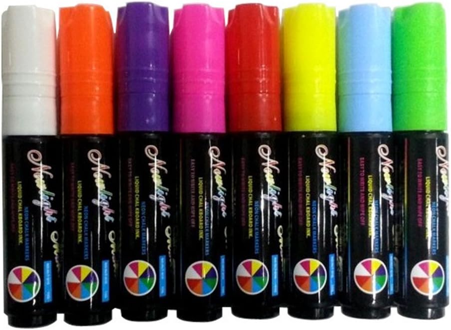 LALILEI 10mm Level Nib Bright Colours Chalk Pen Marker Neon Liquid Chalk Marker Pen for Blackboard Glass Window Menu -Wet Wipe Erase(Set of 8)