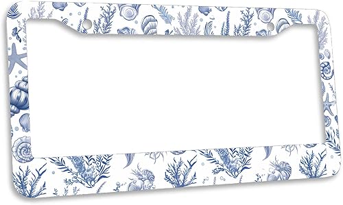 Miniatura 2 de Marco de matrícula con carcasa vintage, marcos de matrícula de caracola azul del océano, marcos de matrícula personalizables, marcos de matrícula de