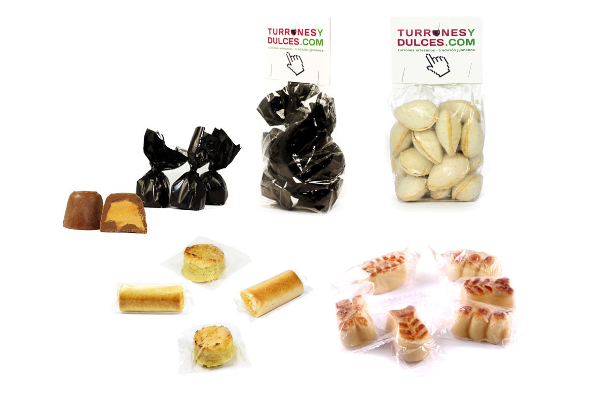 Lote de Mazapán artesano de Jijona. 2 KG – Turrones Fabián - Pack al peso o granel - Formado por: Figuritas de Mazapanes y Almendras rellenas de Turrón (blando), Bombones rellenos de Turrón (blando)