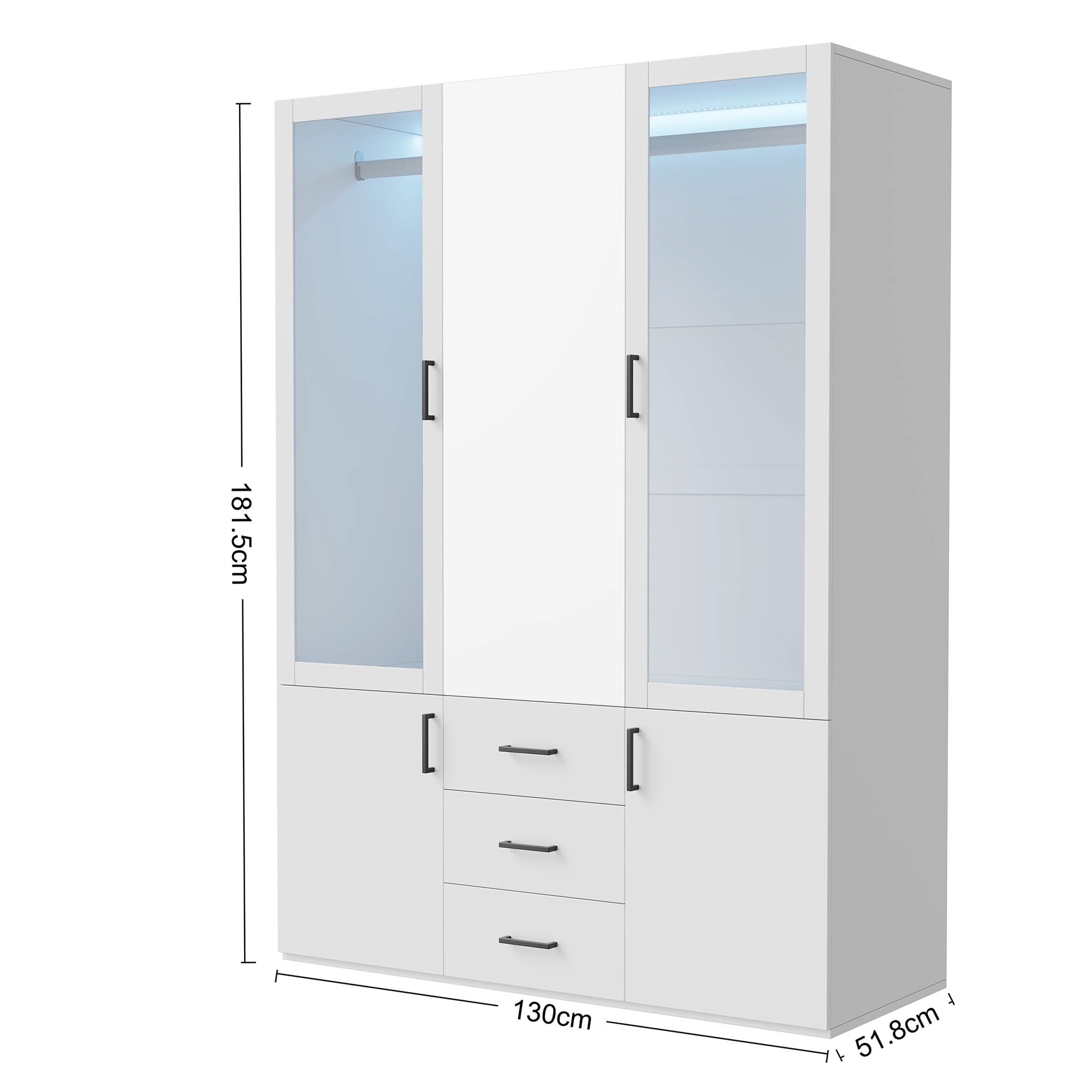 PerGar Armoire avec miroir, 3 tiroirs, éclairage LED, armoire moderne avec espace de rangement, armoire de chambre à coucher, blanche, pour chambre à coucher, dressing, garde-robe (4 portes)