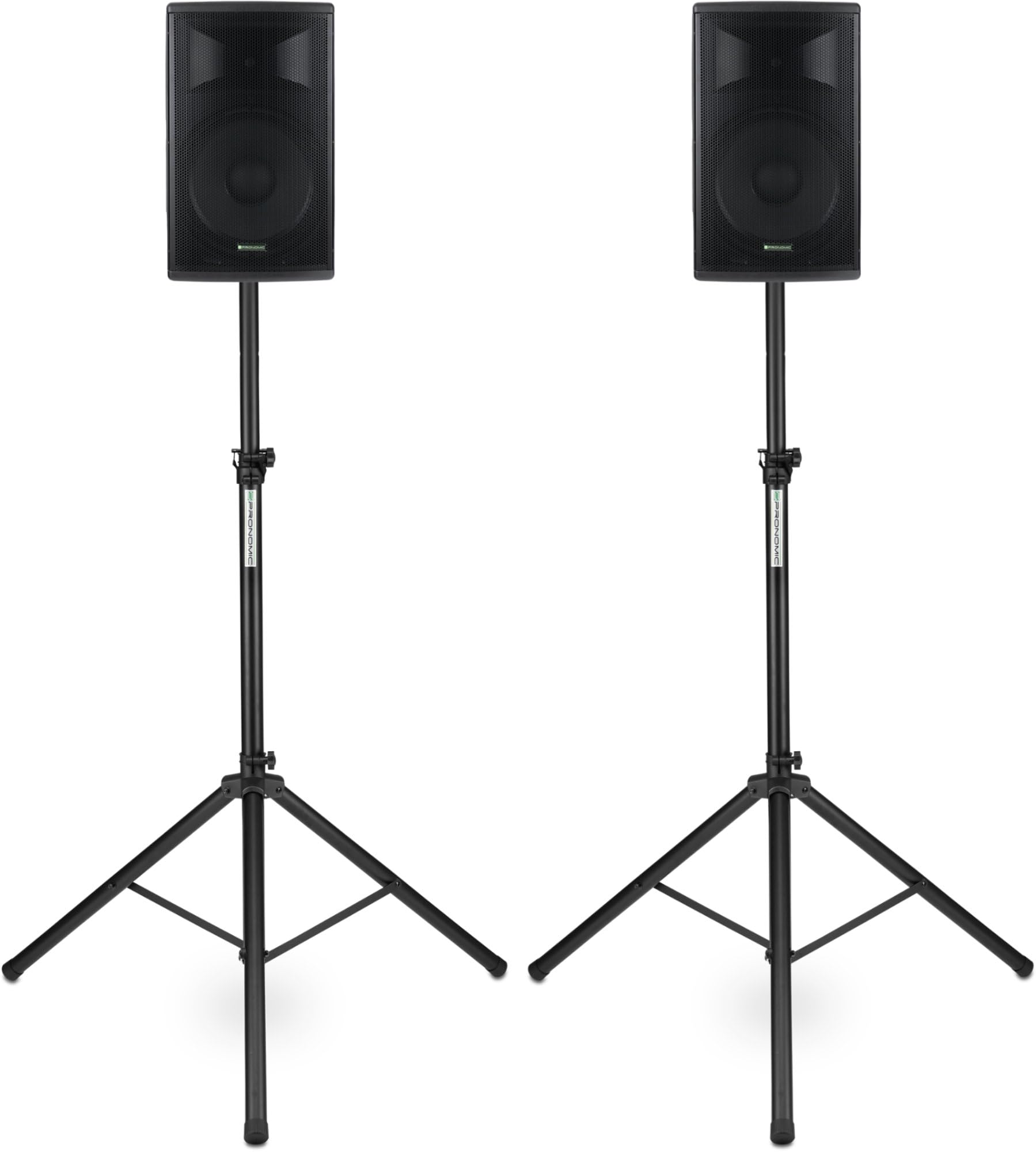Pronomic E-210 MA Stative Set - 2 aktive 2-Wege Boxen - Leistung: 2X 100 Watt (RMS) - 10" Woofer + 1,0" Kompressions-Treiber - Bluetooth - MP3-Player mit USB/SD - Monitorschräge - inkl. Stative