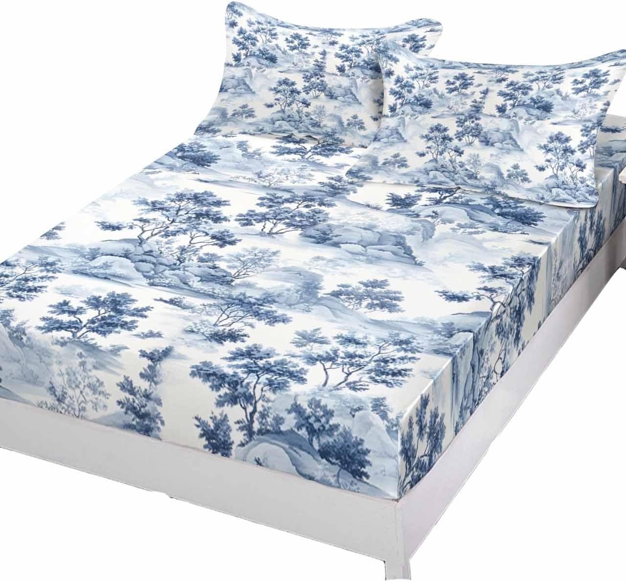 Chinoiserie Garden Plant Hill Scene Fitted Bed Sheets Queen Size Fit 5-16inch Deep Pockets,Luxury Bottom Sheet Bedding Set with Pillow Case,Asian Scenic Blue White Fitted Sheet for Mattress