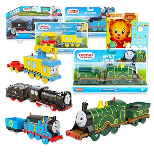 Thomas and Friends Motorized Train Set - 6 Pc Bundle with Thomas, Emily, Hiro, and Carly Trains Plus Daniel Tiger Stickers, More | Thomas and Friends Motorized Engines