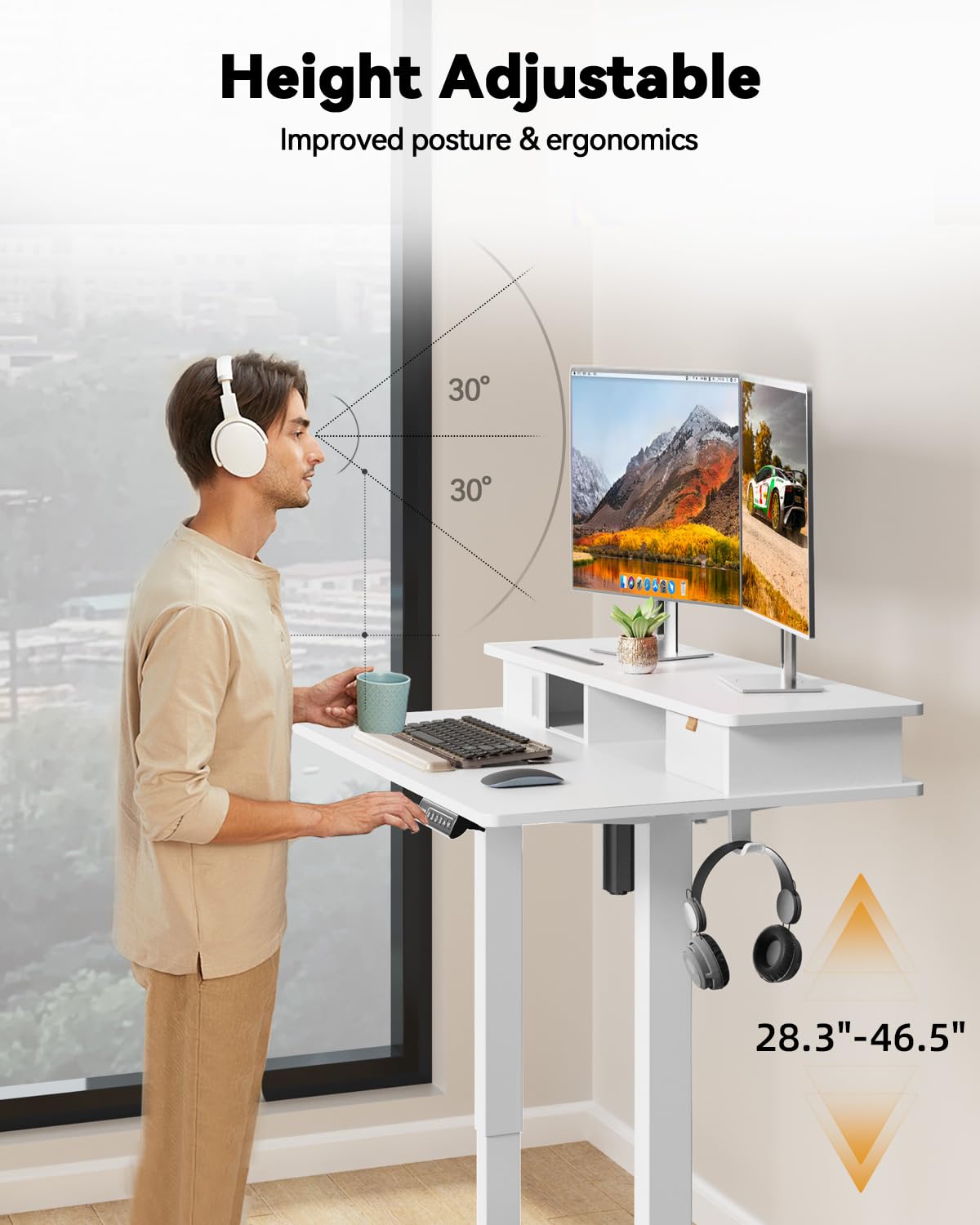 JOY worker Small Electric Standing Desk 35 x 25 Height Adjustable Desk with Built-in Monitor Stand Storage Drawer — view 3