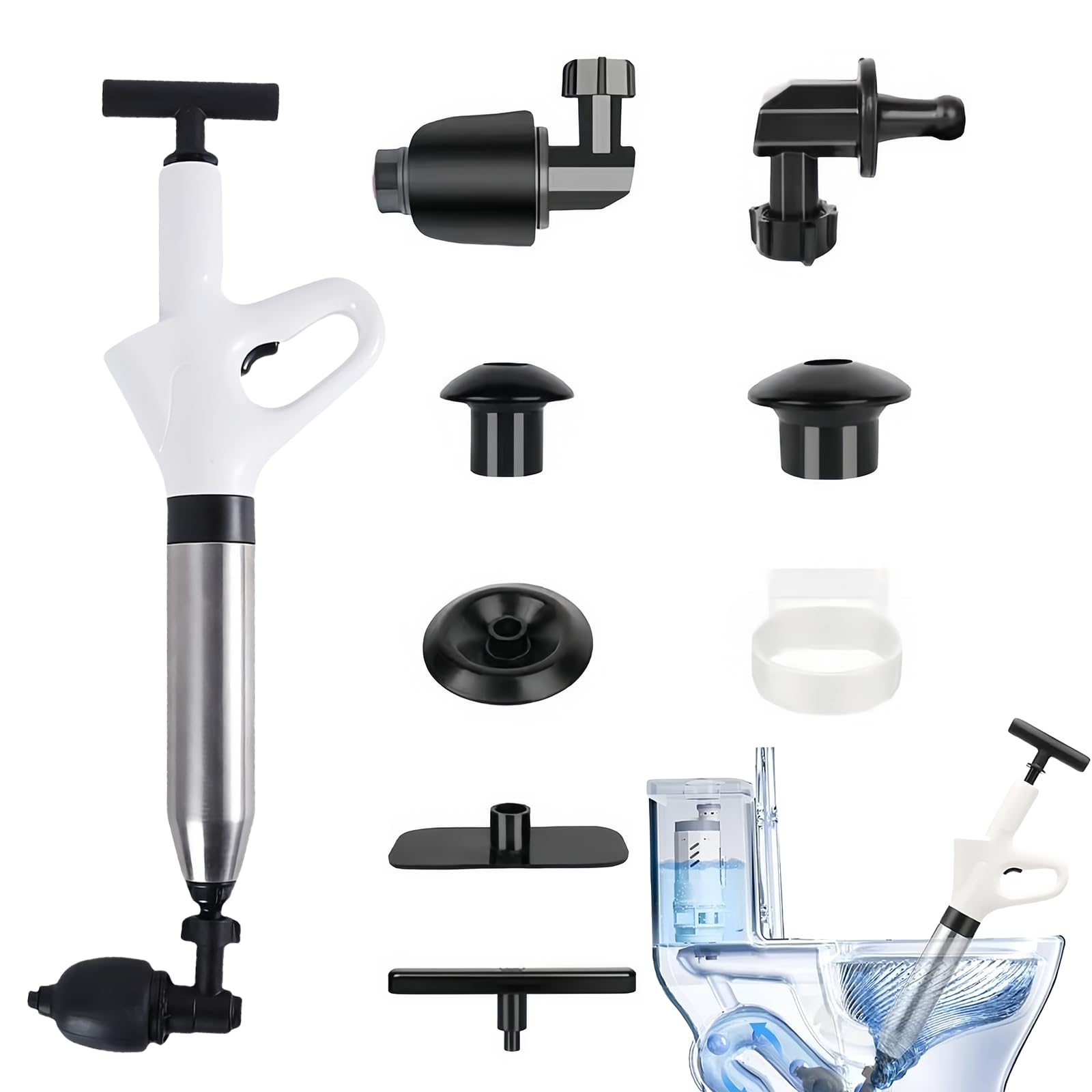 Déboucheur de canalisations à air comprimé, pompe avec 4 adaptateurs en caoutchouc et indicateur de pression atmosphérique, pompe de nettoyage de tuyaux à air comprimé pour toilettes, lavabos, siphon