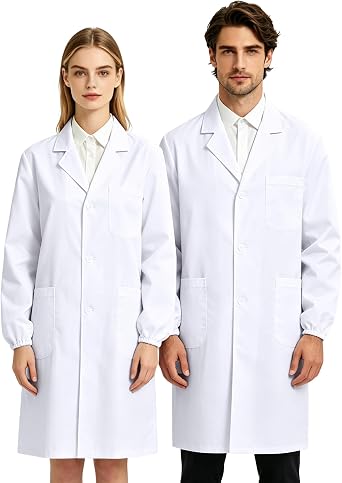 White Lab Coat for Men and Women, Polyester Elastic Cuffs Workwear, Long Sleeve White Uniform for Science Students Factory Workshops Warehouse