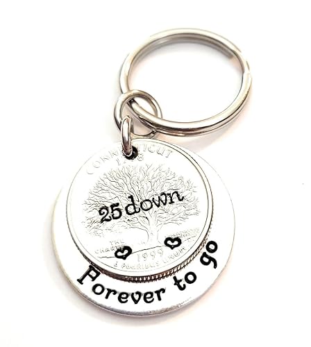 Miniatura 1 de 25 Years Down and Forever To Go Hand Stamped 25th Anniversary Key Chain Gift for Him or Her with 1999 Quarter
