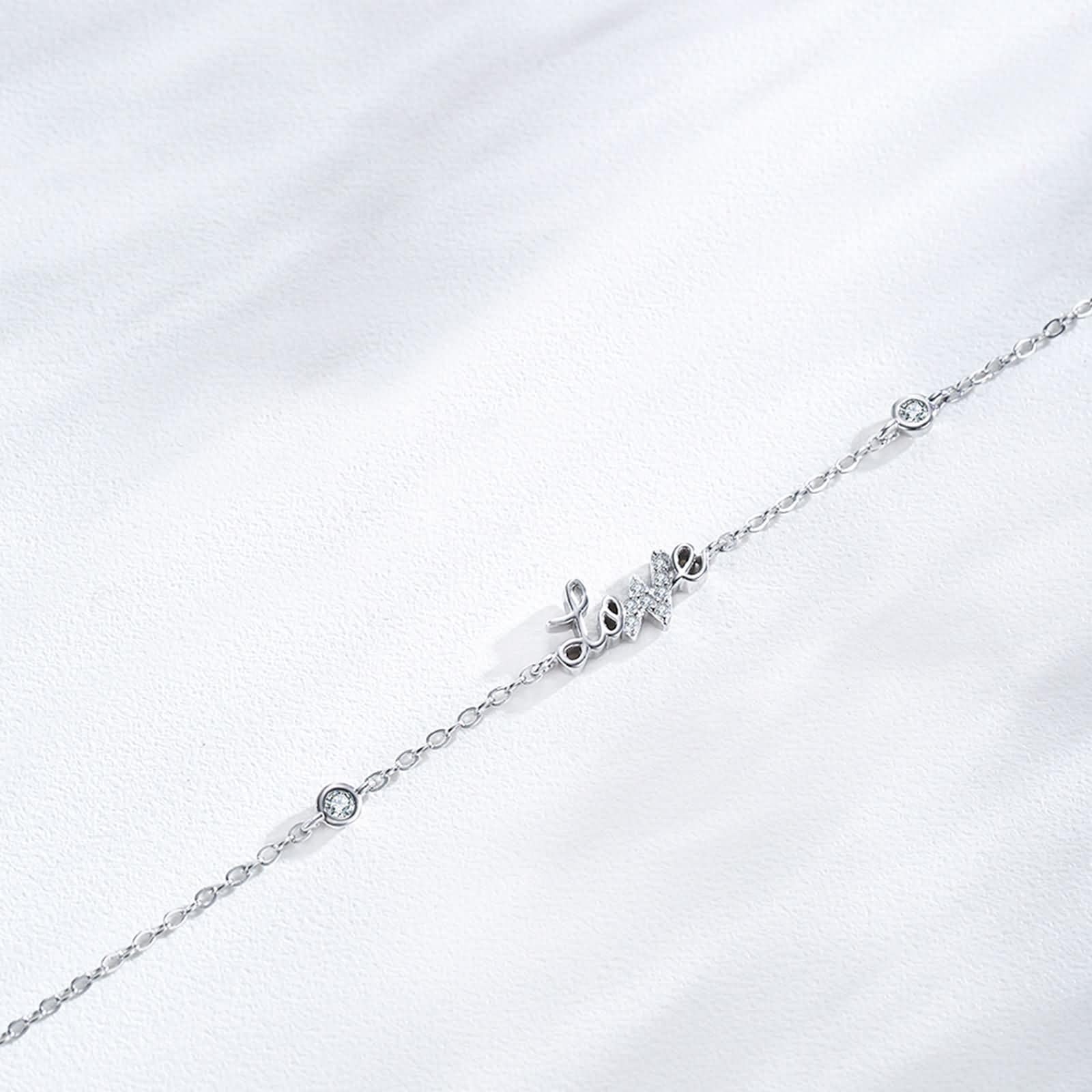 Pulseras de Oro Blanco 9 Kilates / 14 Kilates / 18 Kilates Mujer, Letra love con Diamante Creado, Cadena Extensible 16 CM + 5 CM, Pulseras para Mujer Plata