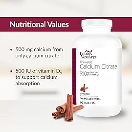 Bariatric Advantage Calcium Citrate Chewable 500mg with Vitamin D3 for Bariatric Surgery Patients Including Gastric Bypass and Sleeve Gastrectomy, Low Sugar - Cinnamon Flavor, 90 Count