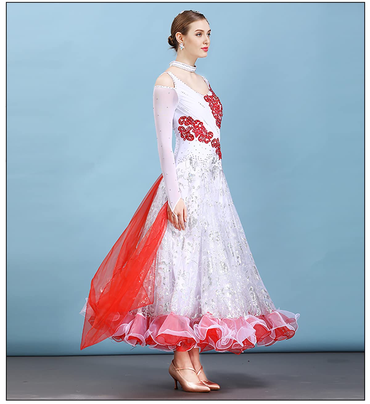 Sukienka do tańca towarzyskiego duża spódnica swingowa damska moda seksowna sukienka z dekoltem w serek solidna nowoczesna siatka zwiewna długa tiulowa sukienka na imprezę elegancka sukienka odzież performance