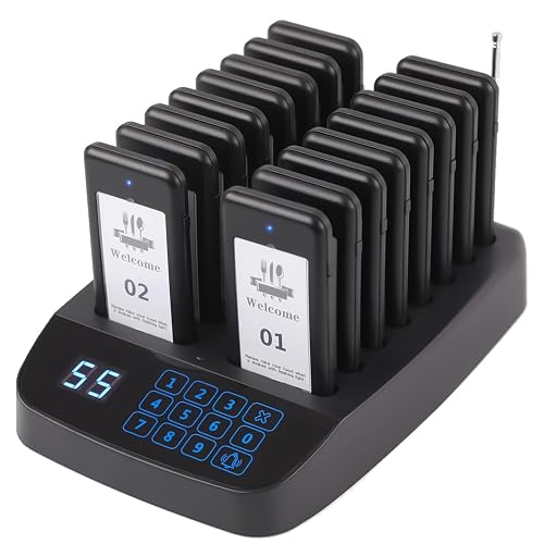 LOUKIENE Restaurant Pager System, 16 Pagers, Wireless Calling System | Replaceable Stickers, Vibration Flash and Buzzer, Mute Button, 984ft Range, for Queue in Churches Hospital Hotel Bar Eatery