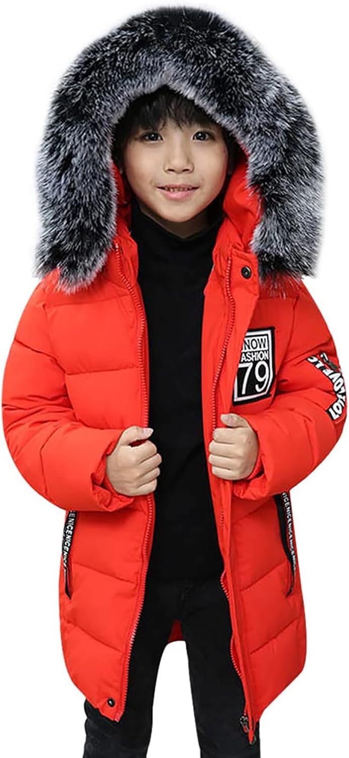 Boys Long Puffer Jacket Waterproof Insulated Parka Winter Coat Teen Children Faux Fur Hooded Quilted Padded Outerwear