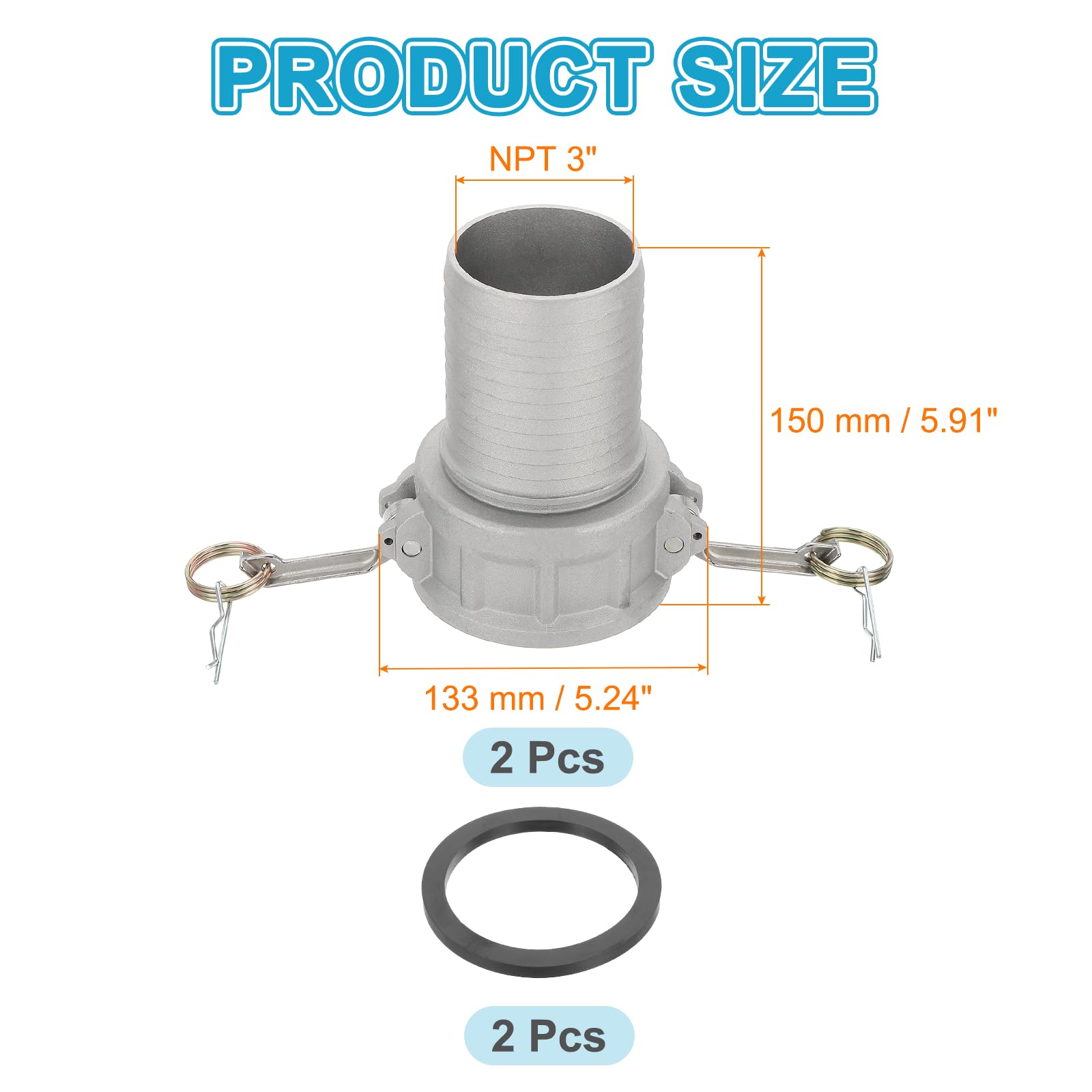 PATIKIL 3" Acoplamiento De Aluminio Tipo CAM Y Groove, 2 Piezas Parte-C Enchufe Macho para Polvo Adaptador Hembra Roscado NPT Acoplamiento Rápido Tipo CAM Adaptador para Manguera, Plateado