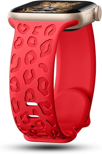 Miniatura 1 de CreateGreat Bandas Grabadas Compatibles con Apple Watch de 40mm 41mm 38mm 42mm 44mm 45mm 46mm 49mm, Correa de Silicona Suave con Patrón de Leopardo