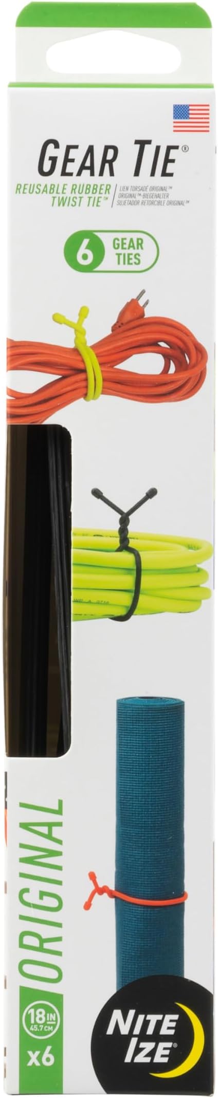 Original Gear Tie - 18-Inch Rubber Twist Tie - Reusable Gear Ties for Electric Cord Organization - Black, 6 Pack